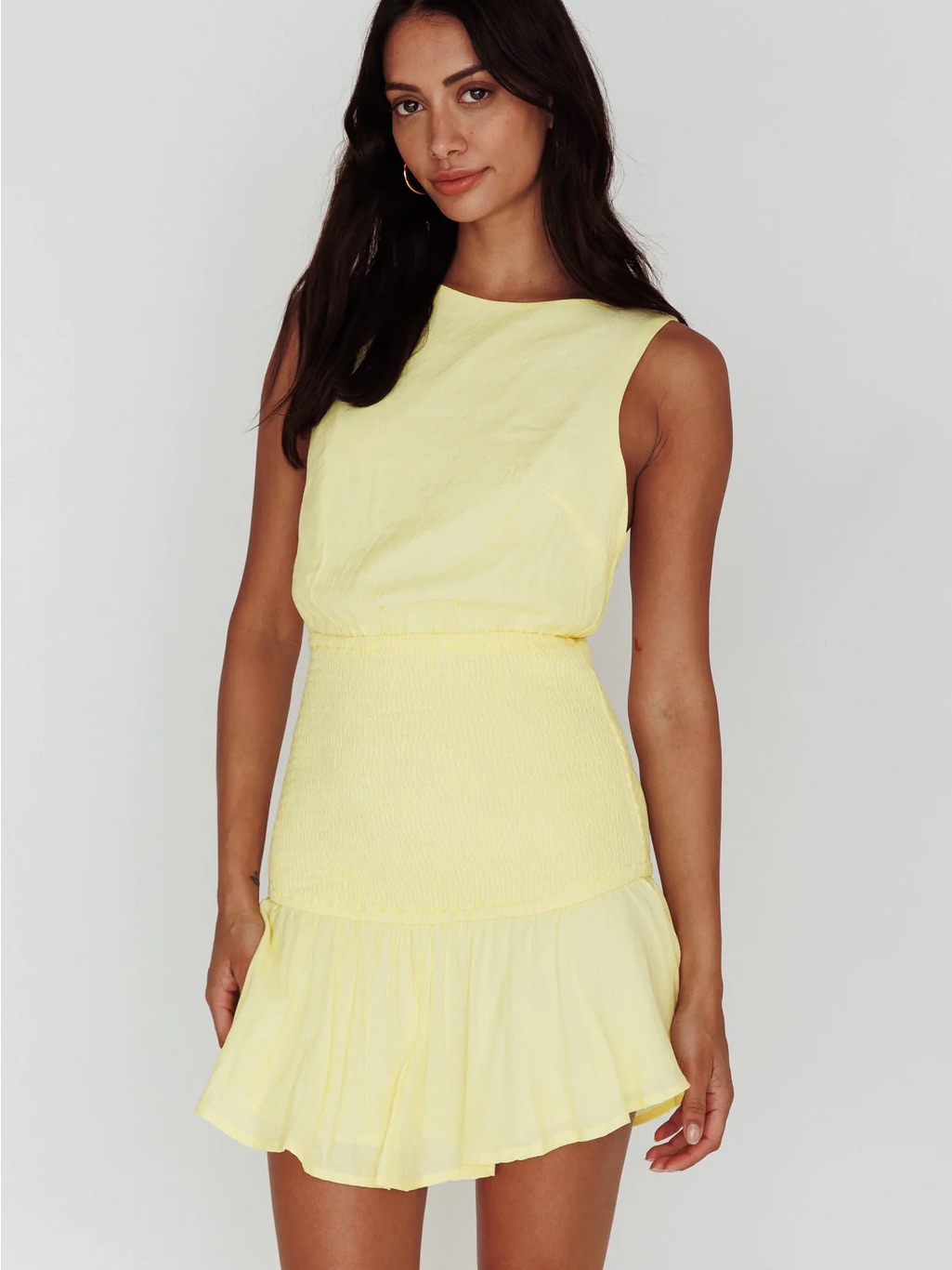 Nwt Hello Molly Antonine Yellow Mini Dress Shirred Waist Open Back Cotton Us 8